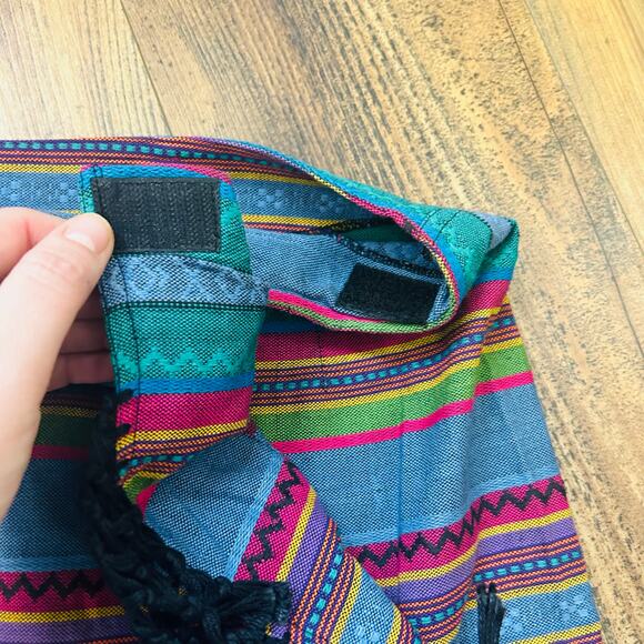 90s Vintage Boho Mini Skirt Aztec Striped Fringe Pleated Cotton Colorful Large - Picture 5 of 9